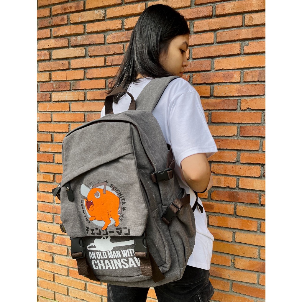 Bagpack Pochita Kanji Canvas Grey Anime Manga Chainsaw Man Premium Unisex