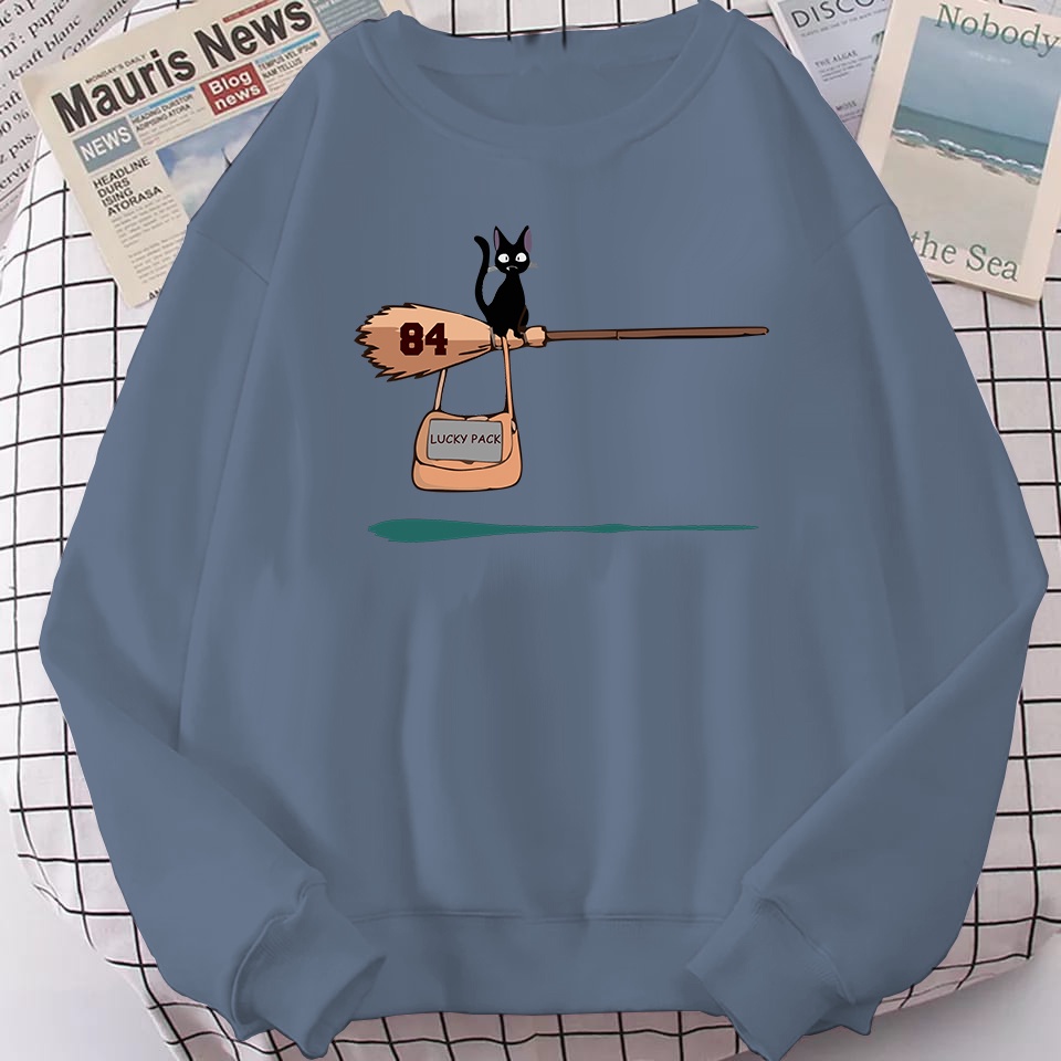 Sweater Pria Oversize Crewneck CAT LUCKY PACK Cewek Cowok Lokal Suiter Sablon Print Kasual Street Style Krunek Oblong Lengan Panjang Size M -XXL