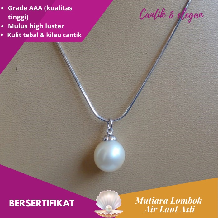 Kalung Mutiara Lombok Asli Air Laut Putih Grade AAA Bersertifikat LKML008
