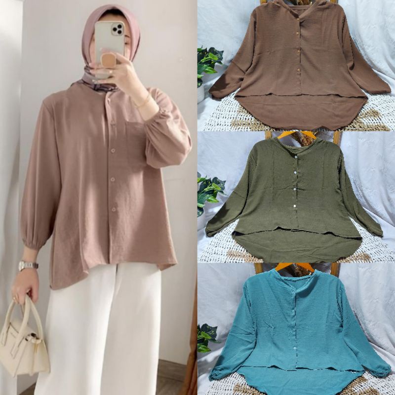 4s Saudara Grosir Solo || Kemeja/Blouse Crop Top Crinkle Airflow Full Kancing Depan