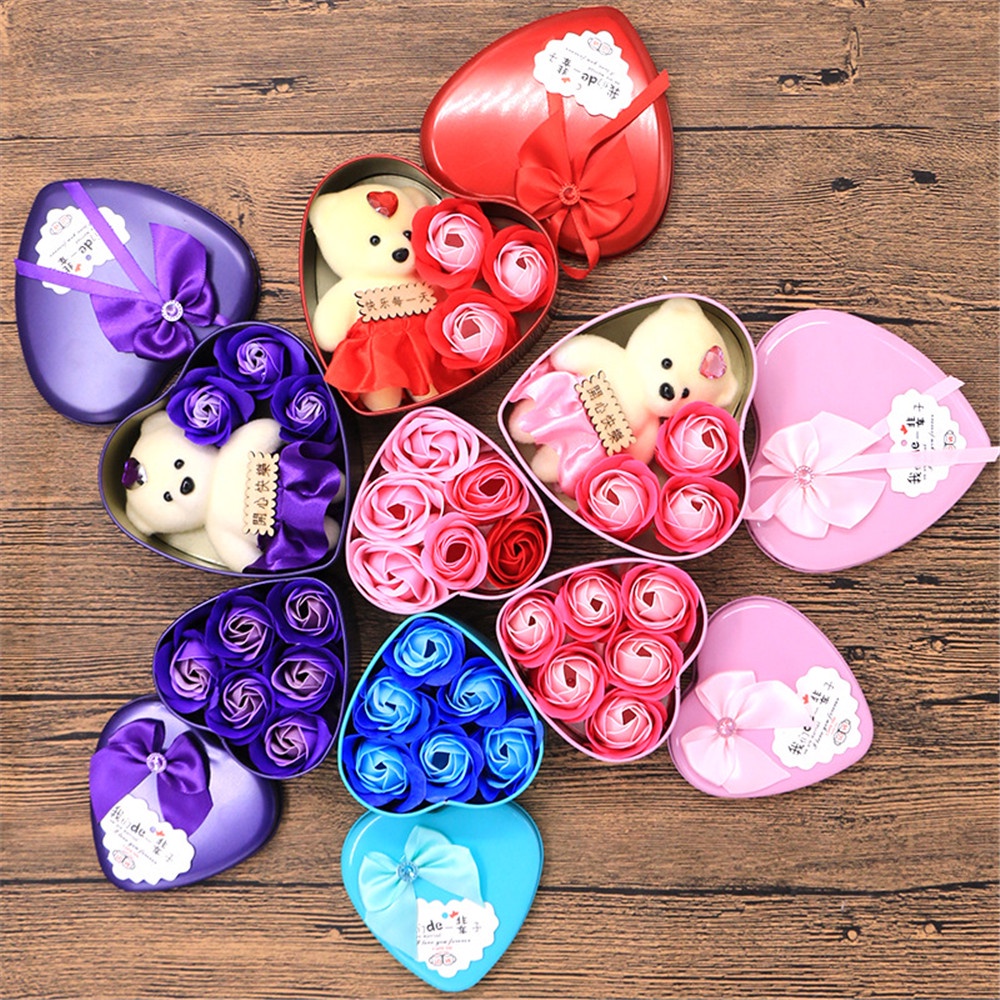 1kotak Hadiah Bunga Mawar Sabun Lovely Bear Untuk Hari Valentine Dengan Box Bentuk Hati