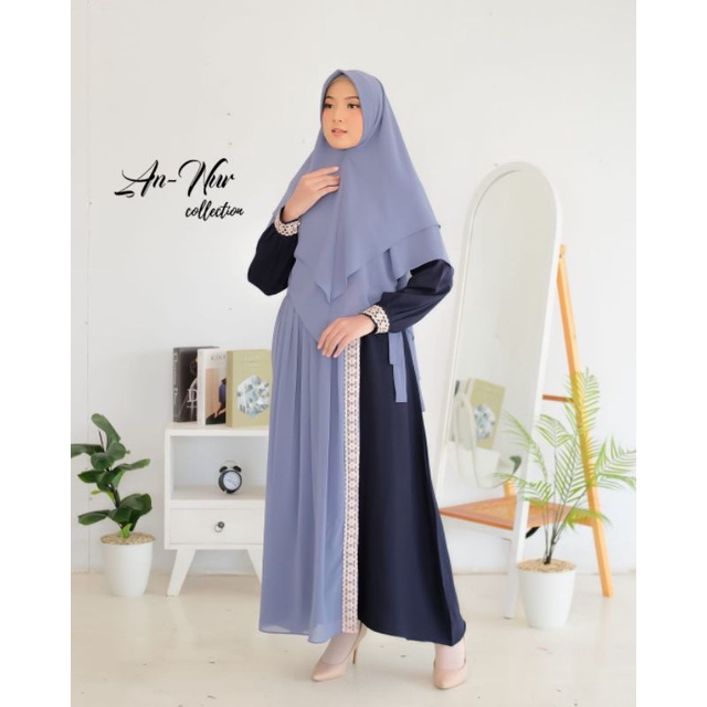 (Model Terbaru) Gamis Set Khimar  Ceruty 2 Layer Bergo Kombinasi Renda Polos Simpel Cantik Murah Gam