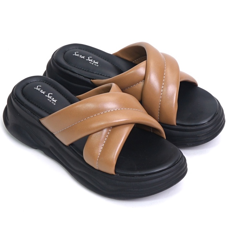 SARASARA YUK - NAGITA Sandal Wanita Wedges Silang Tinggi 5cm Size 36 - 40 Casual Sendal Cewek Platform 37 38 39 untuk Jalan Pergi Santai Slop Warna Coklat Brown Rumahan Selop Rumah Premium Original Sara Sara Kekinian Terbaru Shoes ORI Mall Official Store