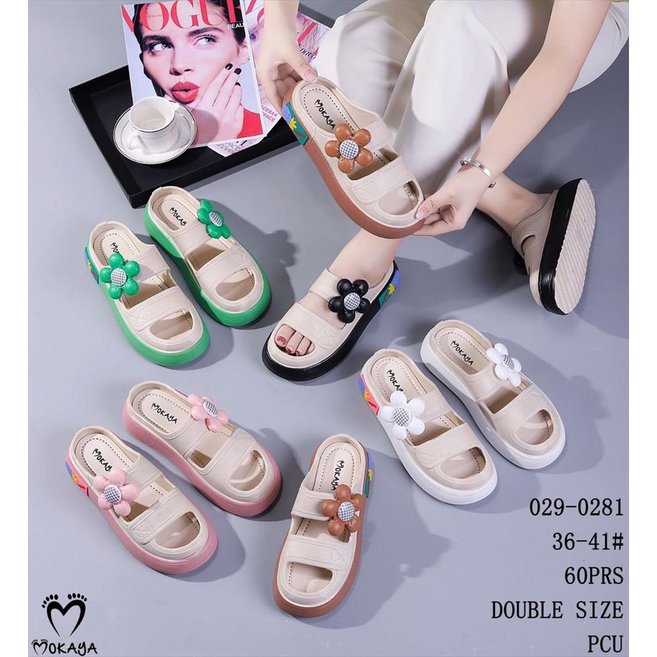 Sepatu Sandal Slop Wanita Ban 2 Polos &amp; Flower Platform Tebal Empuk Simple Casual Super Keren Trendy Cakep Import Mokaya / Size 36-41 (029-028 &amp; 029-0281)