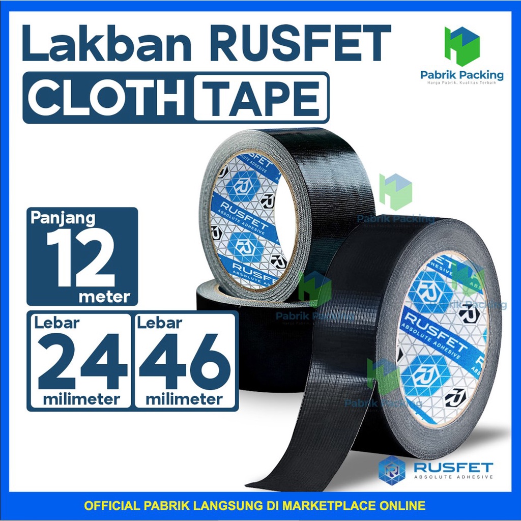 Cloth Tape Rusfet | Lakban Kain Hitam Panjang 12 meter Termurah Satuan