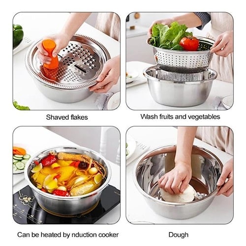Baskom Parutan Stainless 3 in 1 Parutan Serbaguna Parut Wortel Sayuran Keju Saringan Wadah Pot Stainless Steel C01