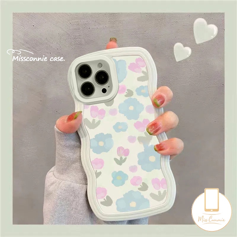 Casing Tepi Gelombang Baru Kompatibel Untuk iPhone 11 Pro MAX 7Plus 8Plus XR 6s 6 7 8 Plus 12 13 14 Pro MAX 14 Plus X XS MAX SE 2020segar Cat Air Biru Ungu Bunga Sarung Silikon Lembut