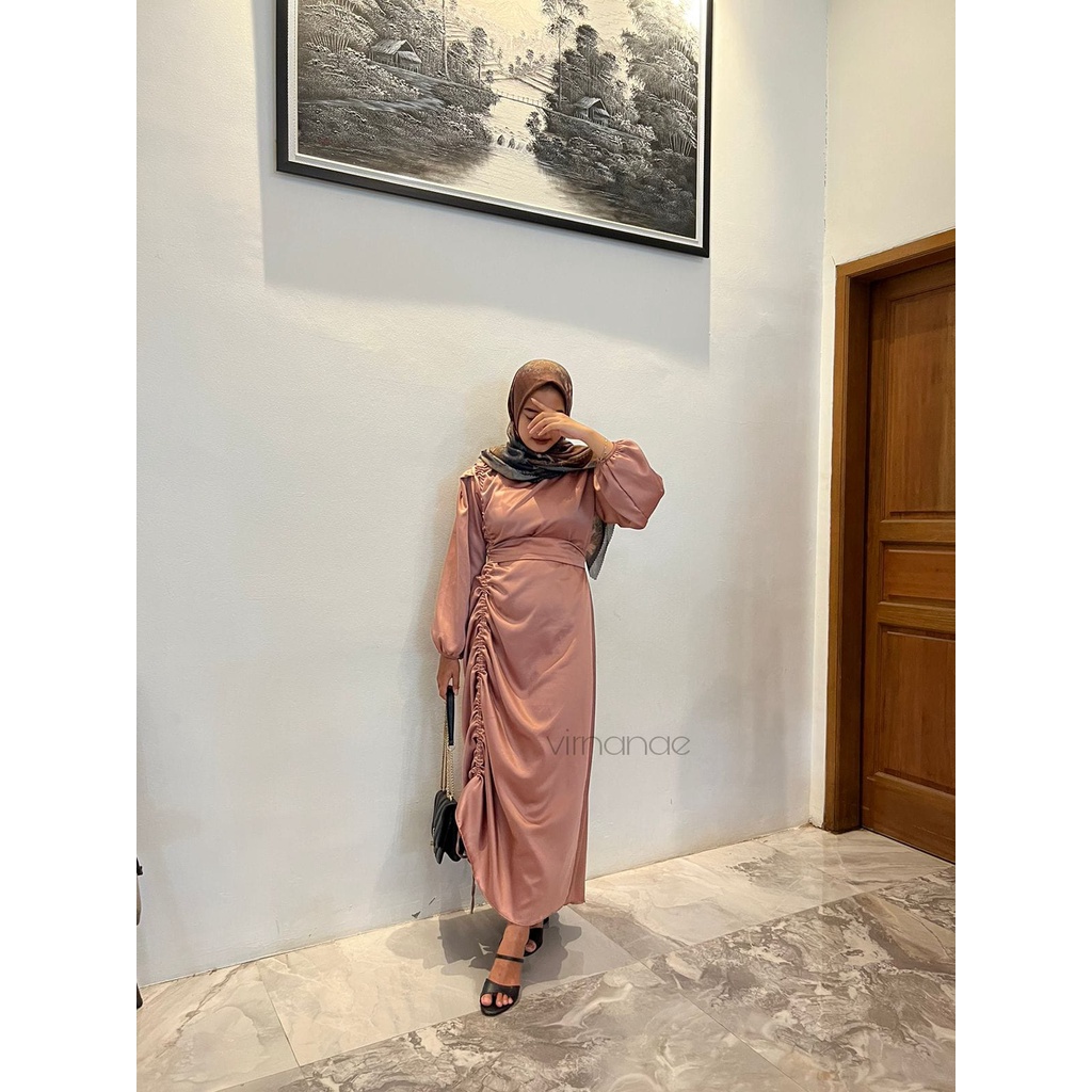 ( READY ) Clara Dress Baju Pesta Modern Remaja Bridesmaid Model Serut Pinggir Bahan Maxmara Ukuran Jumbo XXL