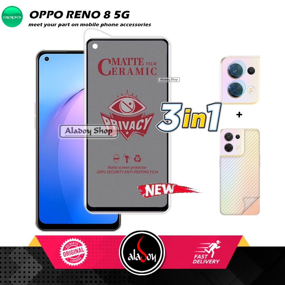 Tempered Glass Anti SPY Oppo Reno 8 5G Anti Gores Privacy + Tempered Glass kamera dan Skin Carbon