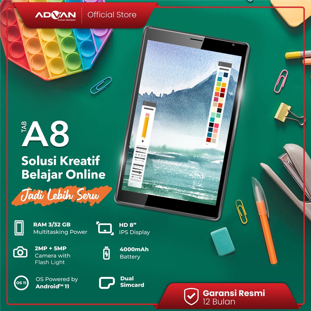 ADVAN TAB A8 3/32 GB 8 Inch Quadcore Tablet Android 11 Garansi Resmi