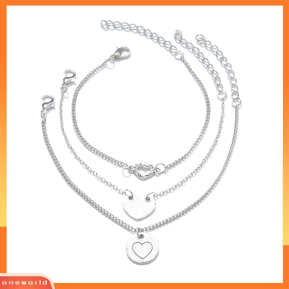 [WONE] 3 Pcs Multi-layer Bulat Jantung Pesona Gelang Kaki Wanita Berongga Pergelangan Kaki Rantai Kaki Perhiasan