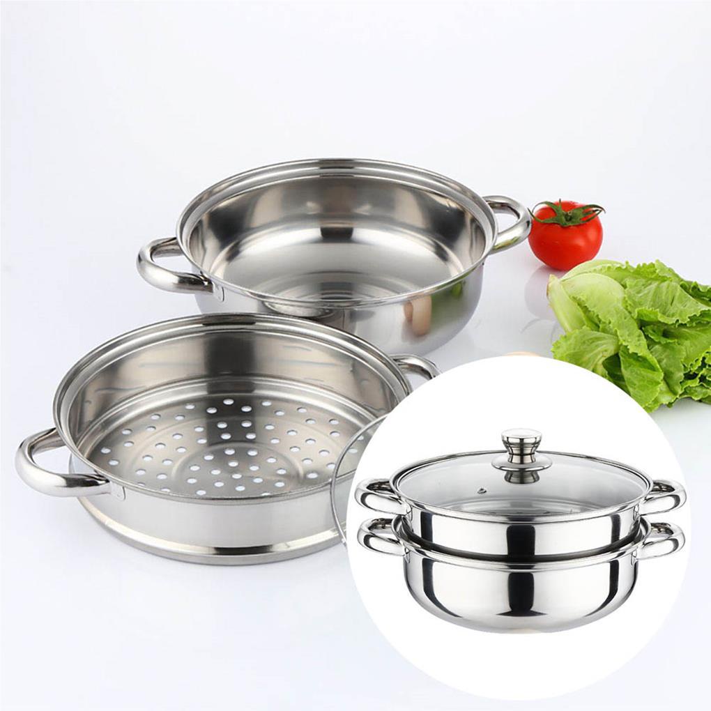 Panci Steamer Double Layer 28cm Dengan Pegangan Insulasi Panas Tutup Kaca Stainless Steel Stockpot Soup Boiler Untuk Rumah