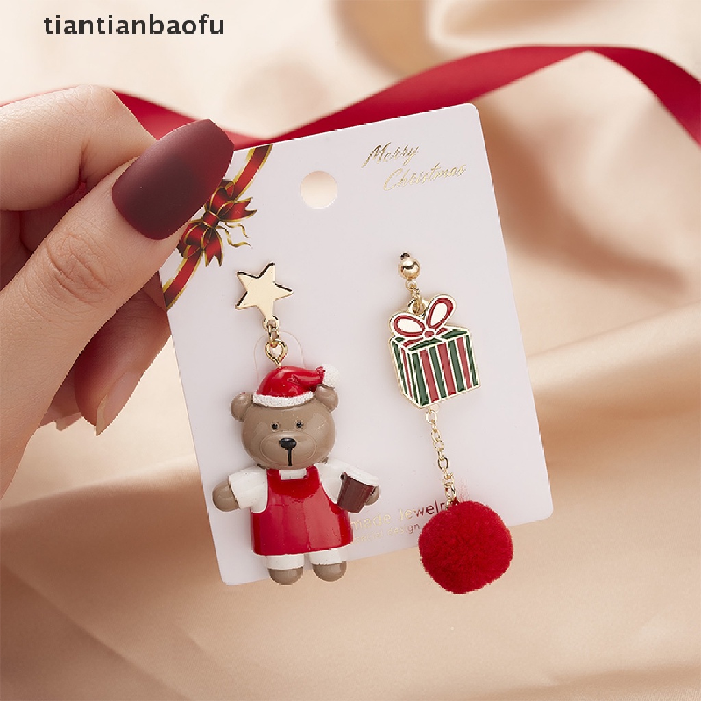 [tiantianbaofu] 1pasang Fashion Natal Stud Earrings Desain Baru Asimetris Anting-Anting Pohon Xmas Beruang Coklat Snowman Santa Claus Menjuntai Anting-Anting Perhiasan Butik