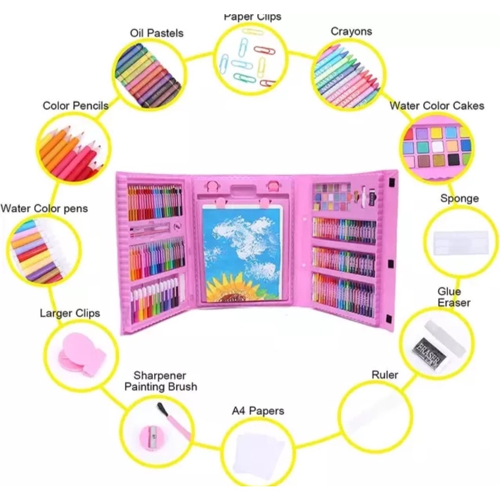 Crayon 1 Set Isi 208pcs Alat Menggambar Stationery Paints Kids Children Painting Drawing Tools Set with Colored Pencil-Krayon Mewarnai Anak Viral Art Set 150pcs Melukis Anak-anak Spidol Crayon Cat Air Pensil Warna Lengkap
