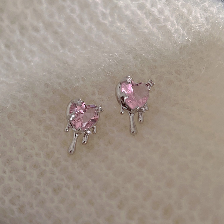 Anting Korea Warna Pink Zirkon Hati Logam Tidak Teratur Untuk Wanita COCOJEWELRY