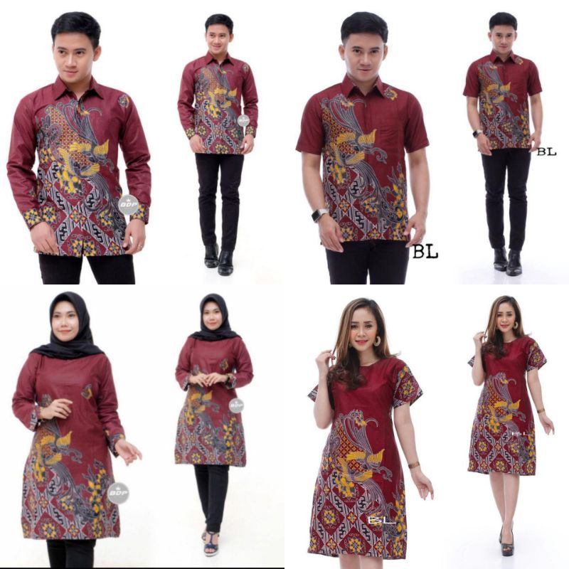 BAJU BATIK PRIA WANITA KEKINIAN LENGAN PANJANG DAN PENDEK WARNA MAROON BATIK COUPLE