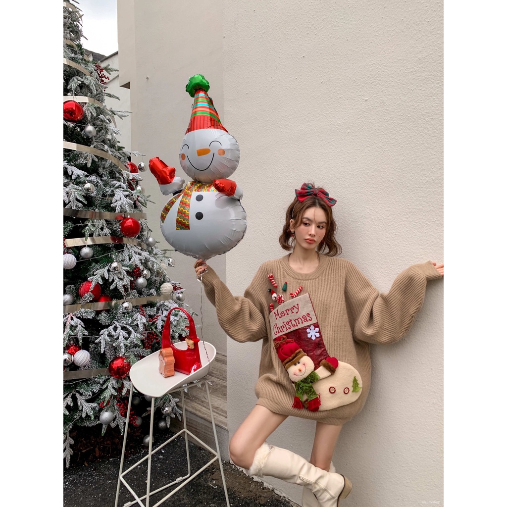 #Sisjuly# Jumper longgar wanita musim gugur dan musim dingin Natal merah kartun lucu atasan angin re