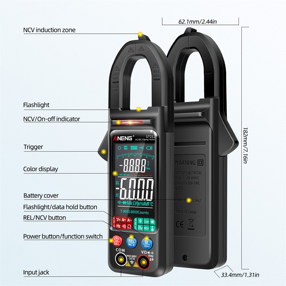 Tang Ampere AC DC Aneng ST212 Smart Clamp Meter Digital NCV 6000