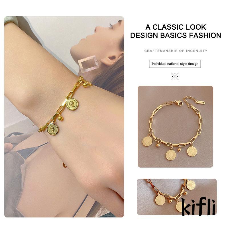 [KD] Gelang Rantai Bahan Titanium Steel Bentuk Bulat Warna Emas Gaya Hip hop Untuk Pria Dan Wanita