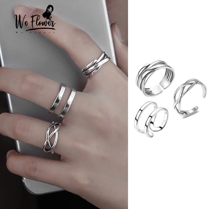 We Flower 3PCs / Set Cincin Model Terbuka Desain Geometri Gaya Punk Minimalis Adjustable Untuk Pria / Wanita