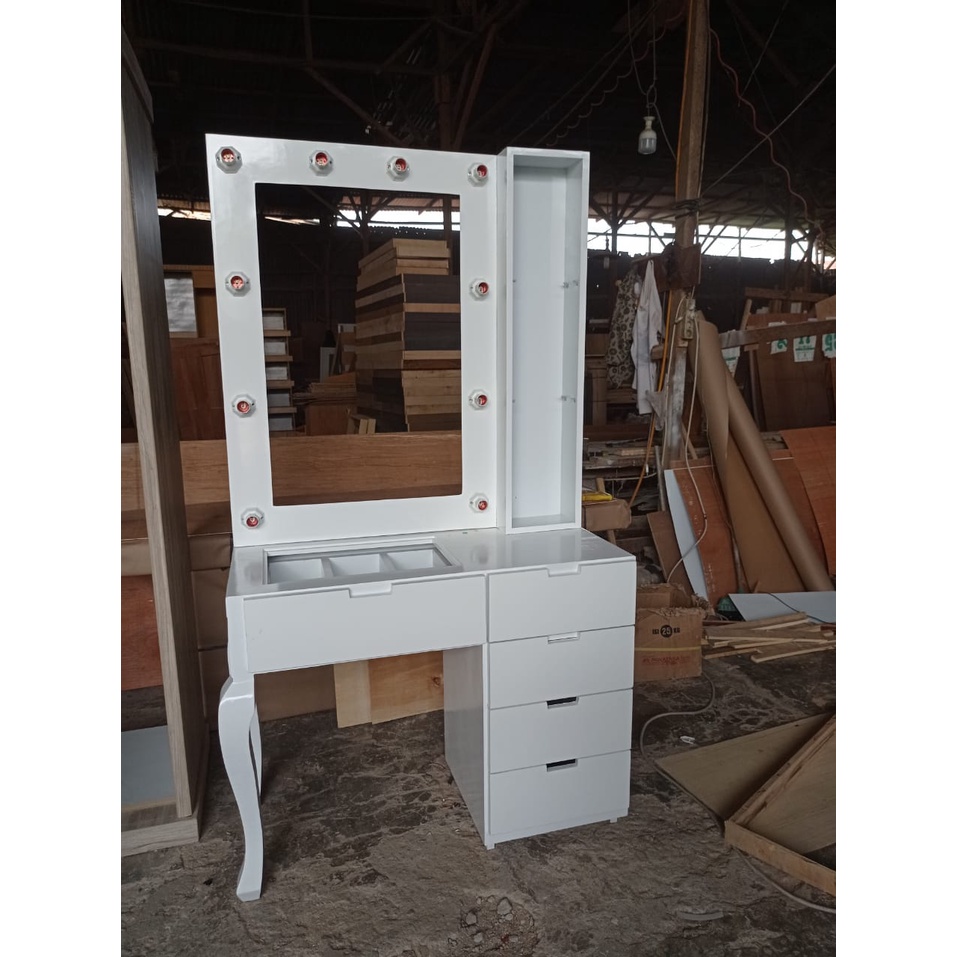 Meja Rias Tempah Kayu - Meja Rias Full Lampu - Meja Make Up Laci Sekat - Medan