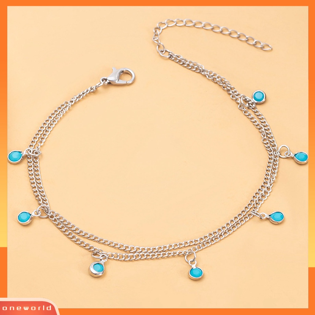 [WONE] Gelang Kaki Wanita Dua Lapis Perhiasan Batu Imitasi Biru Electroplating Adjustable Anklet Untuk Pantai