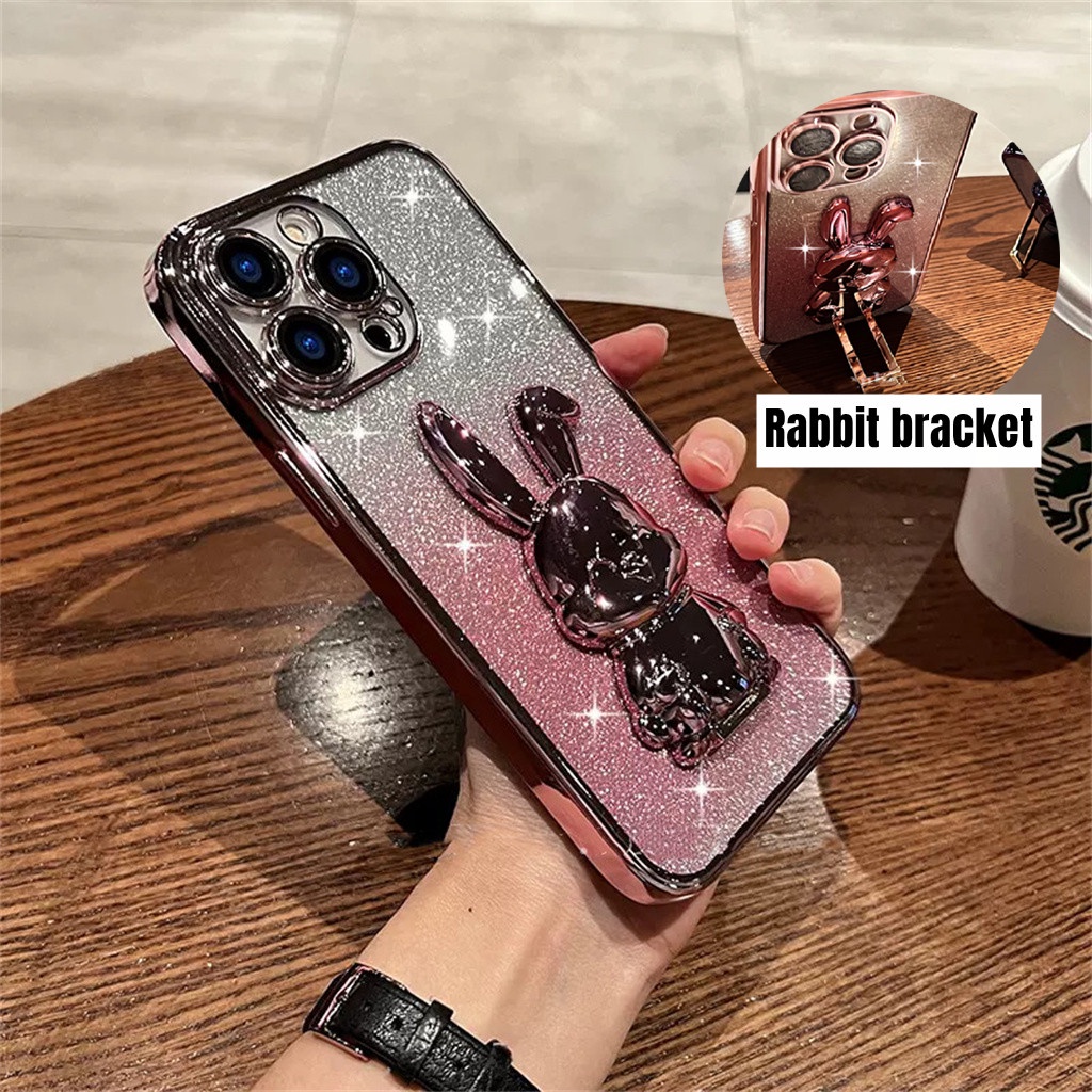 New Fun Bunny Stand Case Untuk iPhone 14 Pro Max Case iPhone 13 12 11 Pro Max14Plus Ungu Aesthetic Mewah Premium Proteksi Anti Guncangan Tertutup Penuh Soft Case