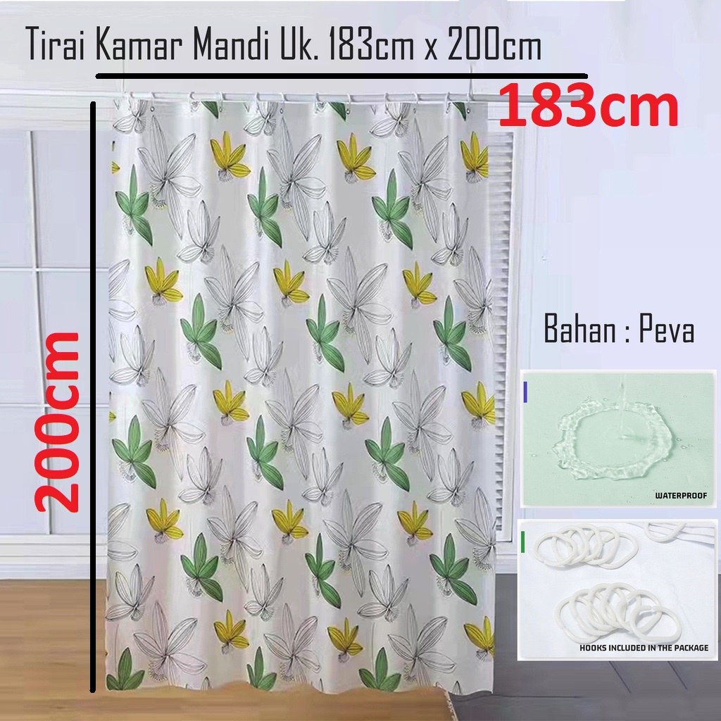 (SerbaSerbi)Gorden Kamar Mandi Anti Air Peva Dilengkapi Pengait /Tirai Kamar Mandi Shower Curtain 183cm x 200cm -Motif