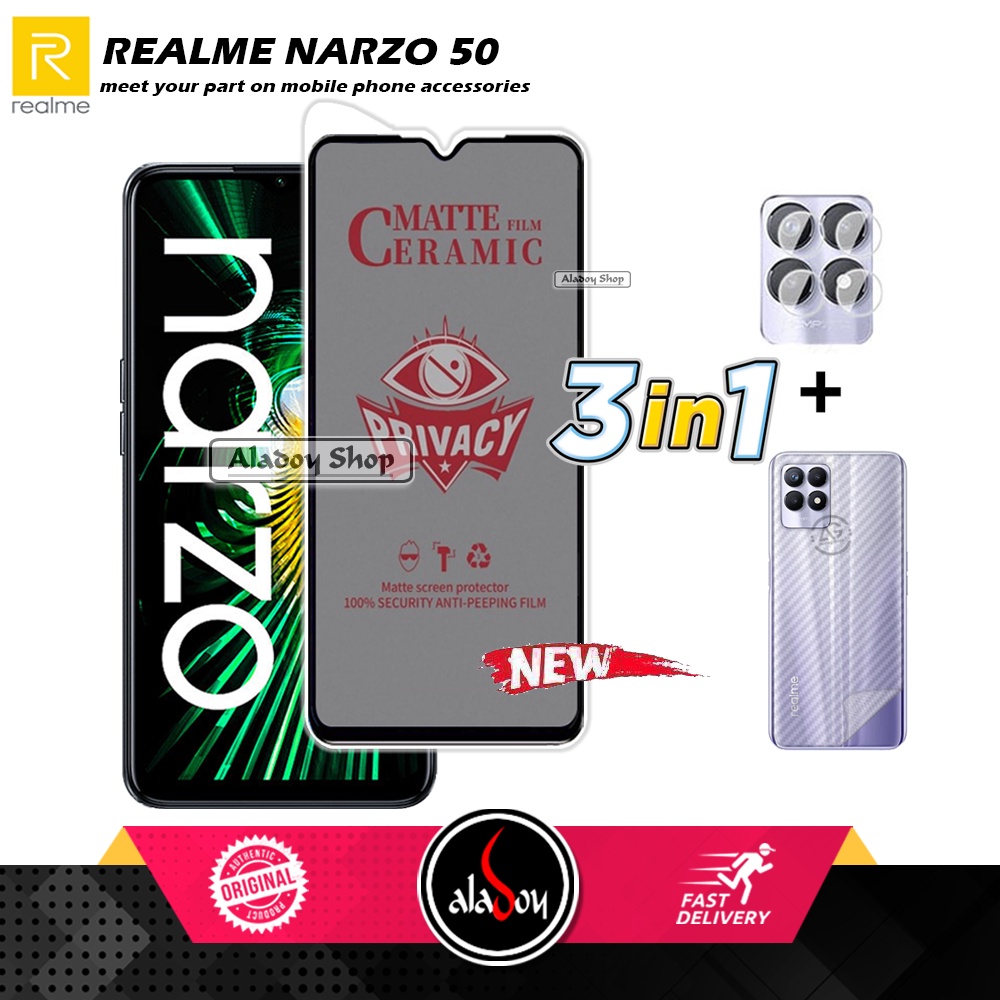 Tempered Glass Anti SPY Realme Narzo 50 Anti Gores Privacy + Tempered Glass kamera dan Skin Carbon