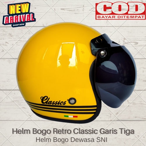 Helm Bogo Retro Dewasa Classic Garis Tiga SNI Helm Dewasa Pria Dan Wanita Kaca Cembung Kaca Datar COD