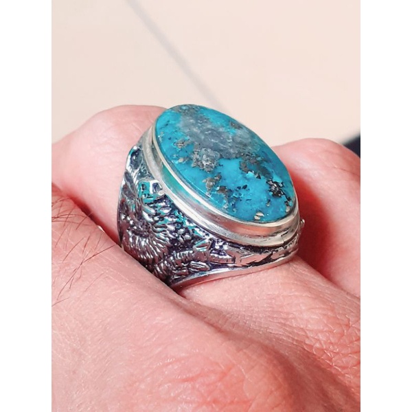 natural [PYRUZ PERSIA URAT PERAK BIG SIZE] pirus persia emban cincin pria ring jermanium perak emas