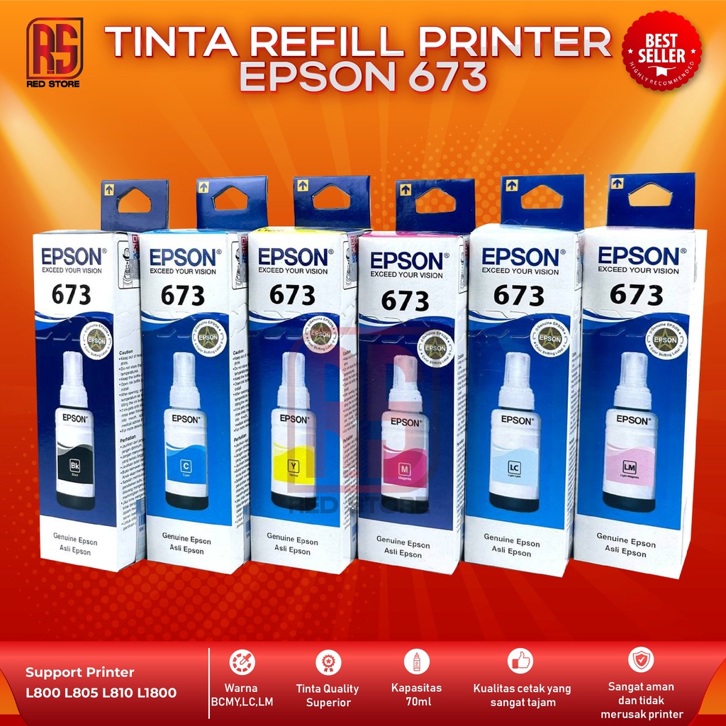 1 SET 6 PCS Tinta Epson 673 For Printer L800 L805 L805 L850 L1800 Kemasan Baru