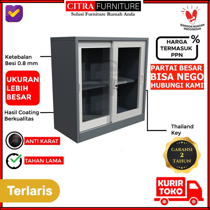 

EKSLUSIF Lemari Arsip Besi 2 Pintu Sliding Kaca PendekLemari sleding Kantor Code 2576