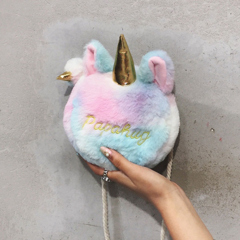 BARANG IMPORT Tas selempang bahu  Tali tambang Lucu Gadis Baru Jepang dan Korea Kartun Gadis Tas Bulu Kecil unicorn Mainan Mewah kwalitas tinggi