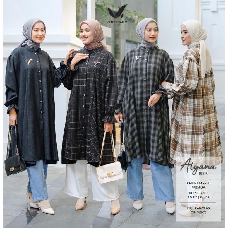 ALYANA TUNIK // TUNIK JUMBO // ATASAN WANITA MUSLIM // KATUN FLANEL PREMIUM LD 110 // MOTIF KOTAK KO