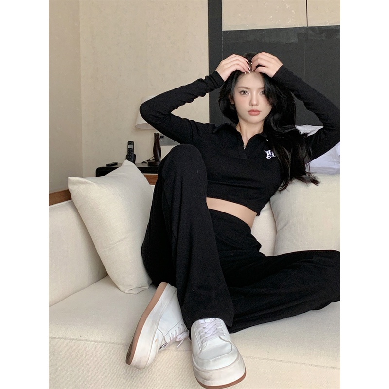 ♗✱Suhao Bordir Rajutan Sweater Wanita Hitam Gadis Seksi V-Leher Lengan Panjang Kemeja Musim Gugur Slim Fit Pendek Top