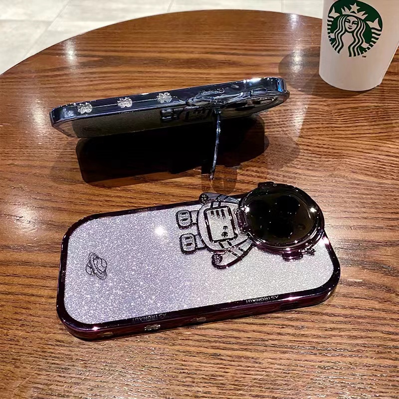 IPHONE Mewah Plating Glitter Astronot Berdiri Perlindungan Lensa Casing Ponsel Kompatibel Dengan Iphone11 12 13 14 Pro Max14 plus XR Kreatif Clamshell Shockproof Back Cover