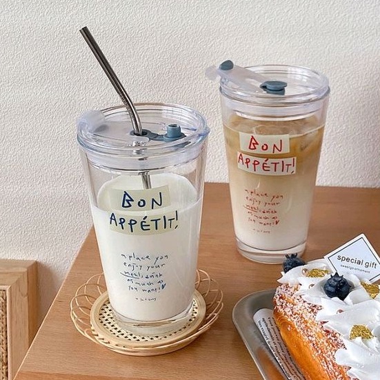 READY GELAS TUMBLER KACA KOREA DENGAN SEDOTAN GELAS KACA AESTHETIC 400ml GELAS TUMBLR KACA BENING TR