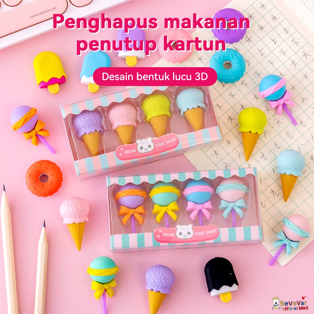 Bevavar 4Pcs/Set Penghapus Mini Lucu Kartun / Penghapus Pensil/Eraser Ice Cream