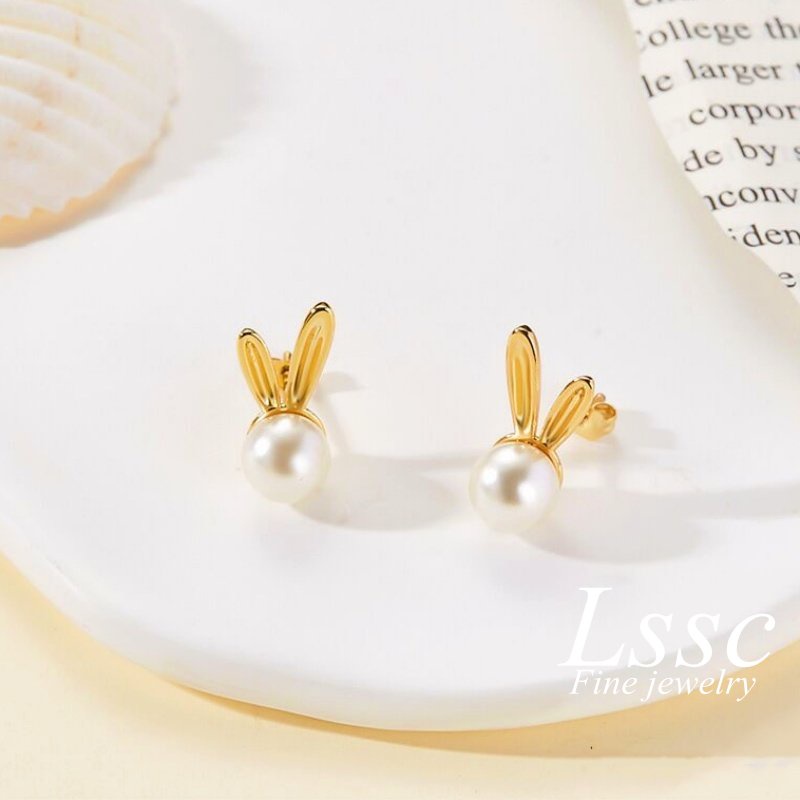 Anting Titanium Mutiara Kelinci Lucu Emas 18K Anti Karat Aksesoris Wanita Fashion Korea