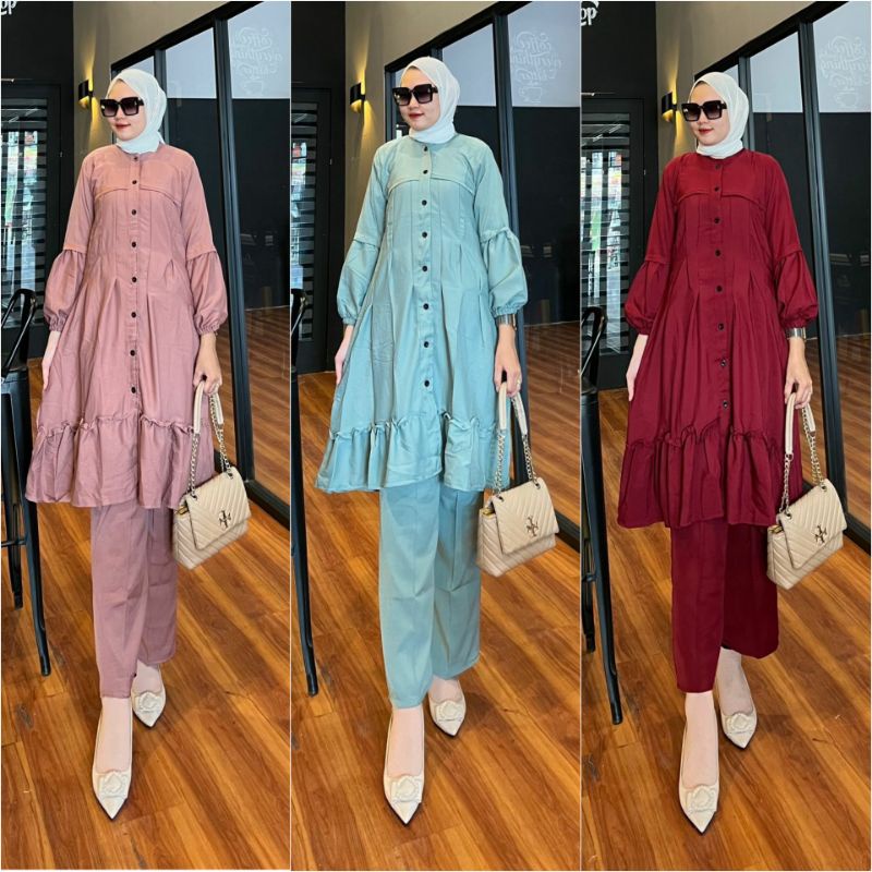 (Bisa COD) Oneset Tunik Polos Lengan Balon / Setelan Tunik Premium / Setcel Tunik Babydoll