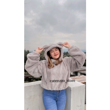 JAKET OVERSIZE SHERPA BEAR WANITA HOODIE CROOPED PREMIUM