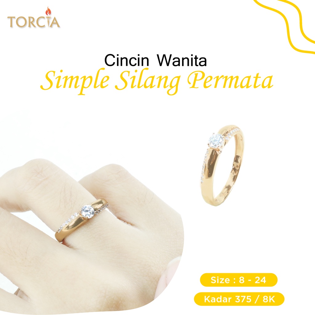 Cincin Kawin Wanita Emas Asli Simple Silang Permata Kadar 375 Torcia