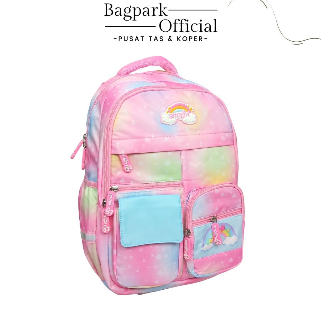 Tas Anak Sekolah Perempuan Tas Remaja Cewek Alto Girl Original Tas Anak Kekinian Motif Rainbow Pelangi Free Rain Cover