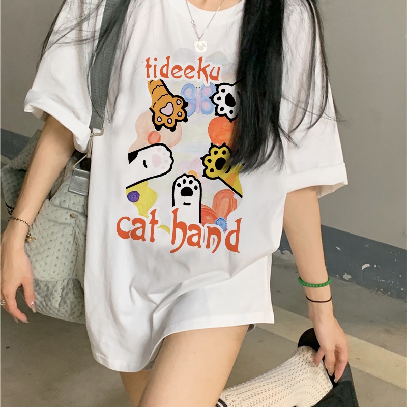 Print T-shirt Kaos Lengan Pendek Cartoon Cute Cat Paw Atasan Wanita Korean Style