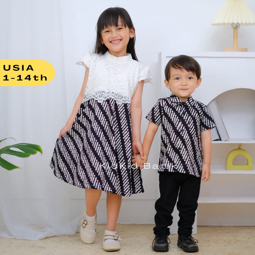 Baju Batik Anak Couple Kakak Adik Cowok Cewek Laki Perempuan Kemeja Dress Brokat Sarimbit Pesta Kombinasi Kekinian Katun Bagus 1-13 tahun