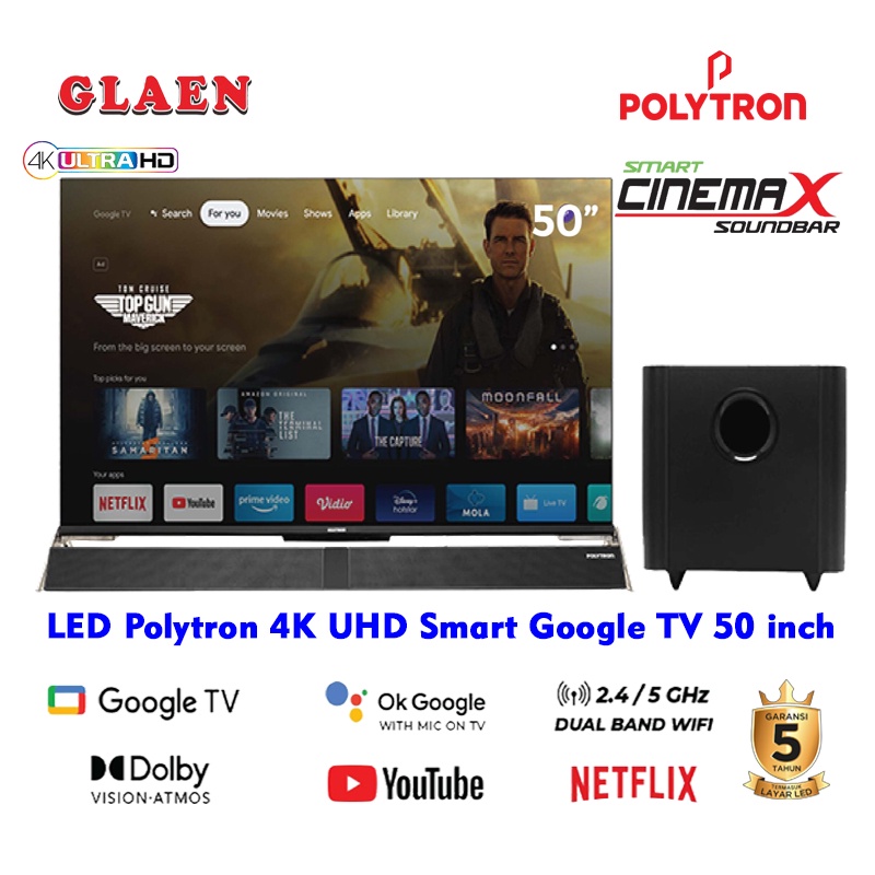 LED Polytron Smart G0ogle TV 4K UHD 50 inch PLD 50BUG5959 | TV Polytron Smart Cinemax Soundbar Digital TV