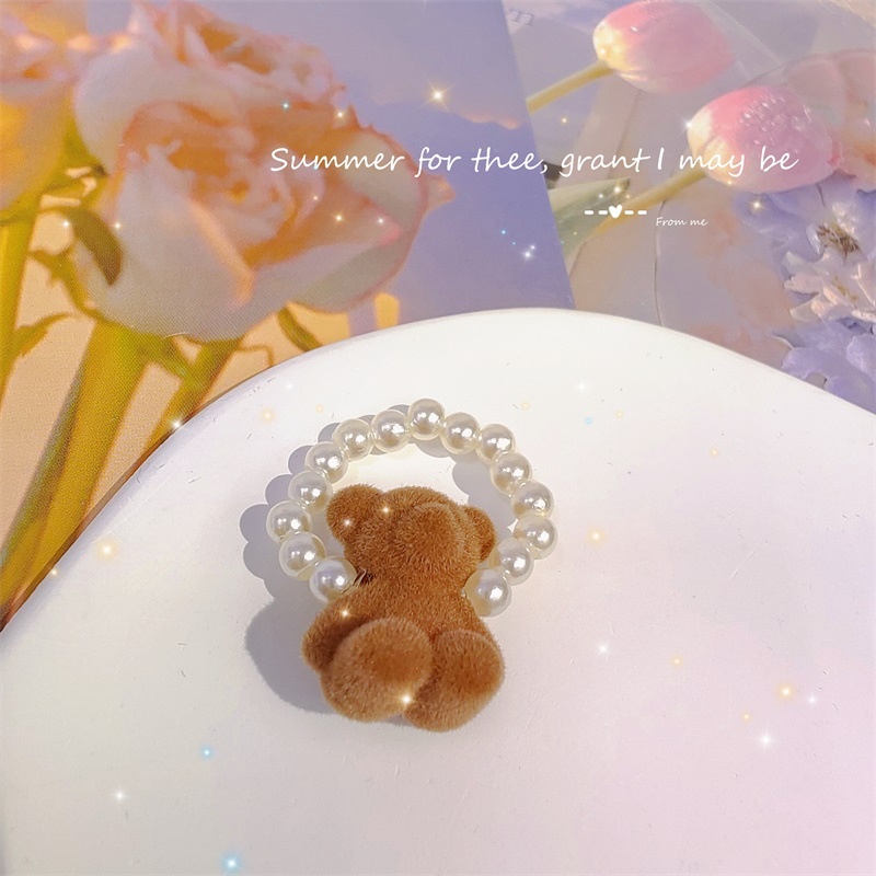 Fashion Wanita Perhiasan Resin Buatan Mutiara Flocking Bear Cincin