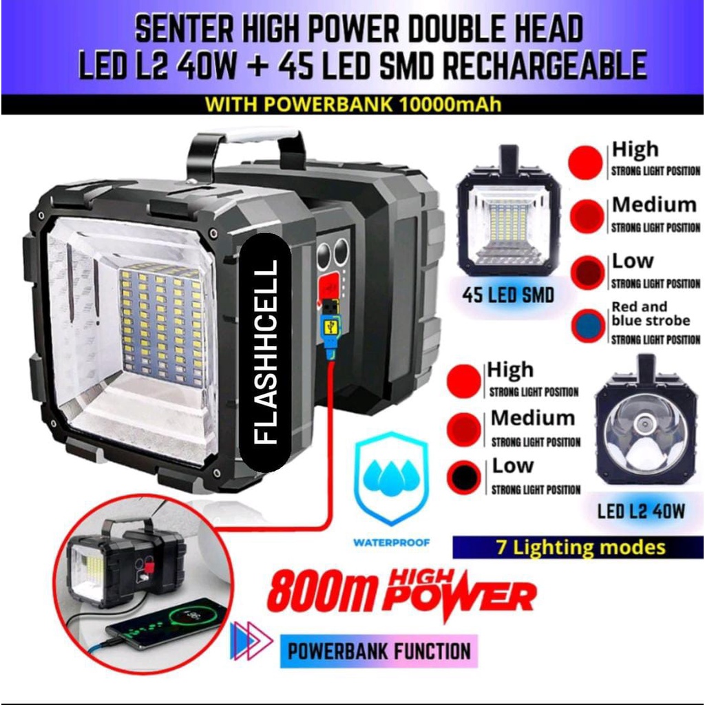 Senter Double Head LED High Power LED L2 40W + 45 LED SMD Rechargeable Waterproof