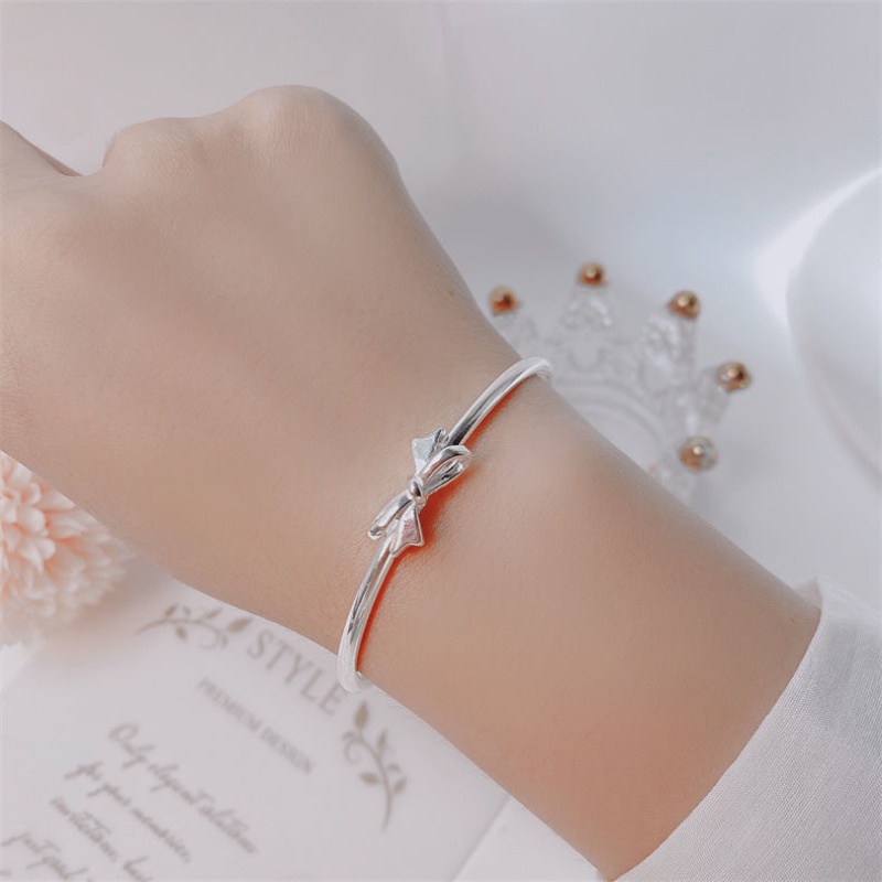 Kami Bunga Korea Lucu Busur Glossy Perak Bangle Gelang Untuk Wanita Perempuan Chic Ikatan Simpul Terbuka Bangles Adjustable Cuff Bracelet Perhiasan Pergelangan Tangan Fashion